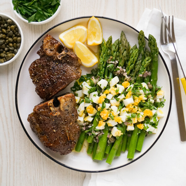 Seared Lamb Chops with French-Dressed Asparagus, Chopped Egg & Lemon