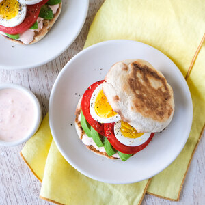 Egg, Avocado & Tomato English Muffin Sandwich with Chili-Garlic Aioli