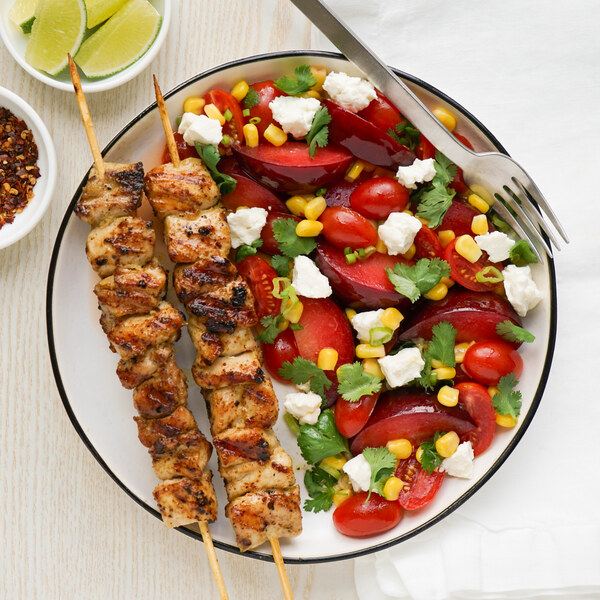 Grilled Chicken Skewers with Spicy Plum, Tomato, Corn & Feta Salad