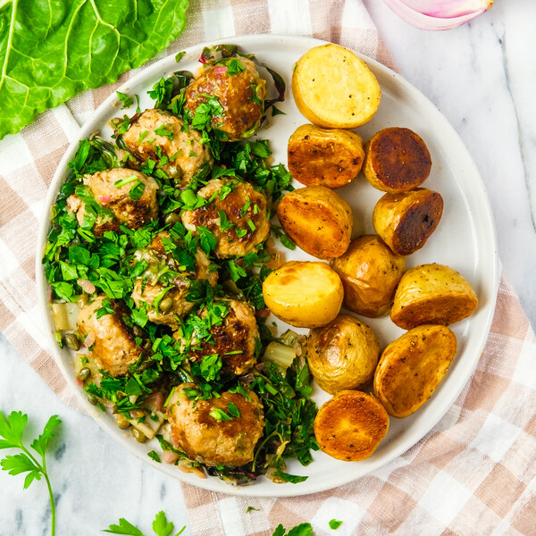 "Turkey Piccata" Meatball Skillet with Chard, Capers & Roast Potatoes