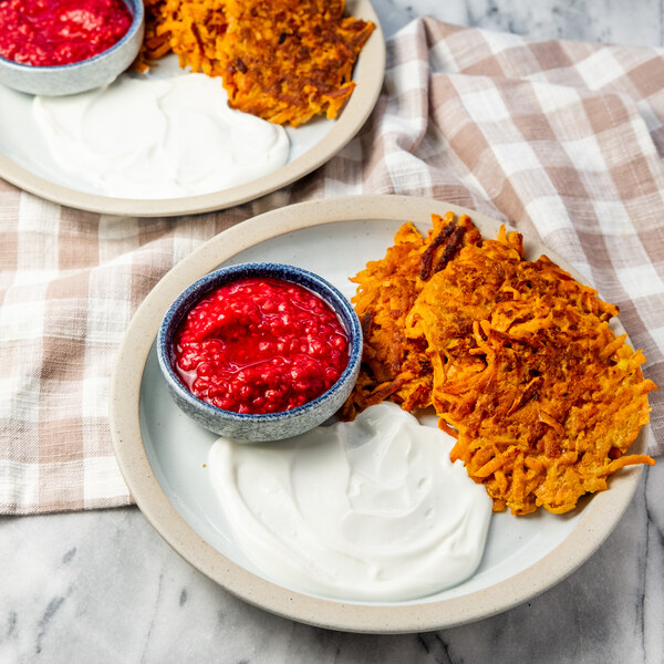 Sweet Potato Fritters with Greek Yogurt & Raspberry Sauce | Albertsons