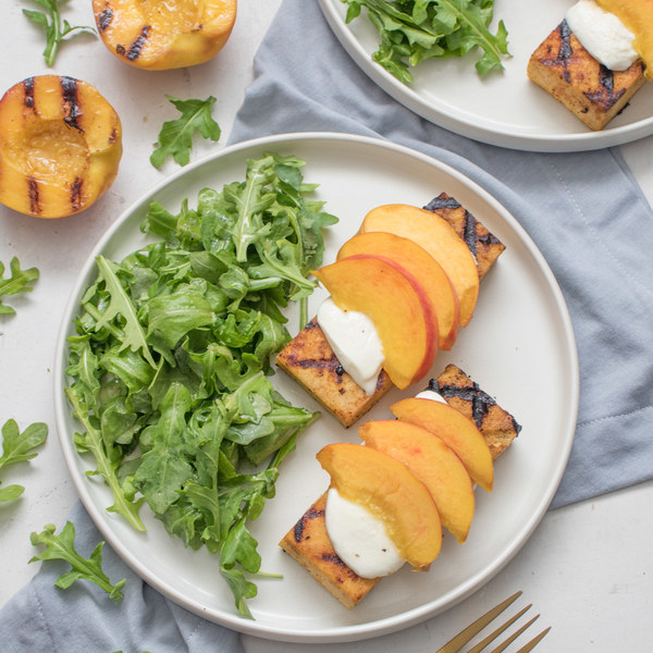 Citrus Tofu with Grilled Peaches, Mozzarella & Lemon Arugula Salad