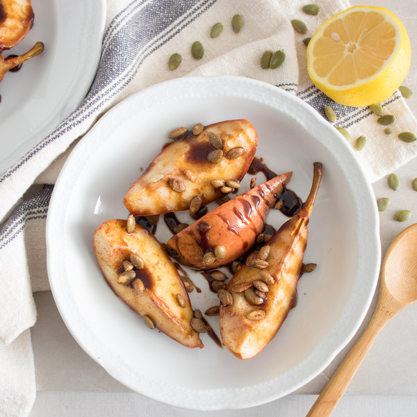 Cinnamon Roasted Pears with Toasted Pumpkin Seeds & Balsamic Glaze