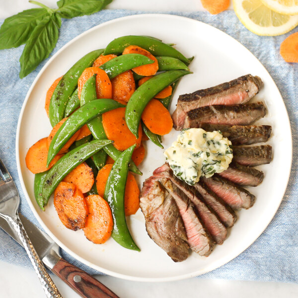 Mealime Sirloin Steak with Basil Compound Butter, Snap Peas & Carrots