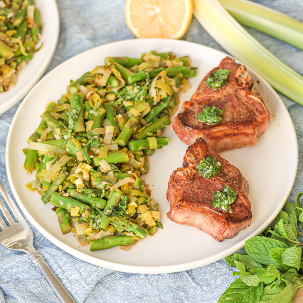 Lamb Chops with Leek-Asparagus Sauté & Mint Gremolata