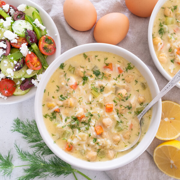 Lemony Chickpea, Egg & Rice Soup (Avgolemono) with Greek Salad