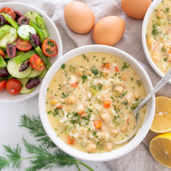 Lemony Chickpea, Egg & Rice Soup (Avgolemono) with Greek Salad