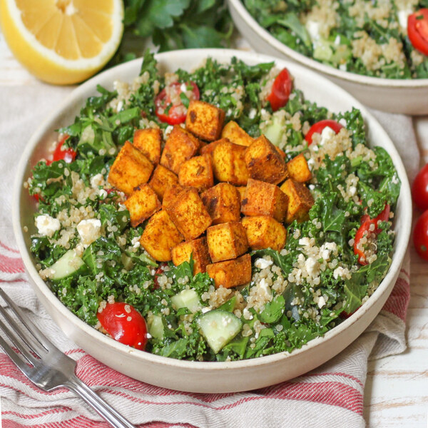 Baked Moroccan-Spiced Tofu with Quinoa, Kale, Parsley & Feta Salad