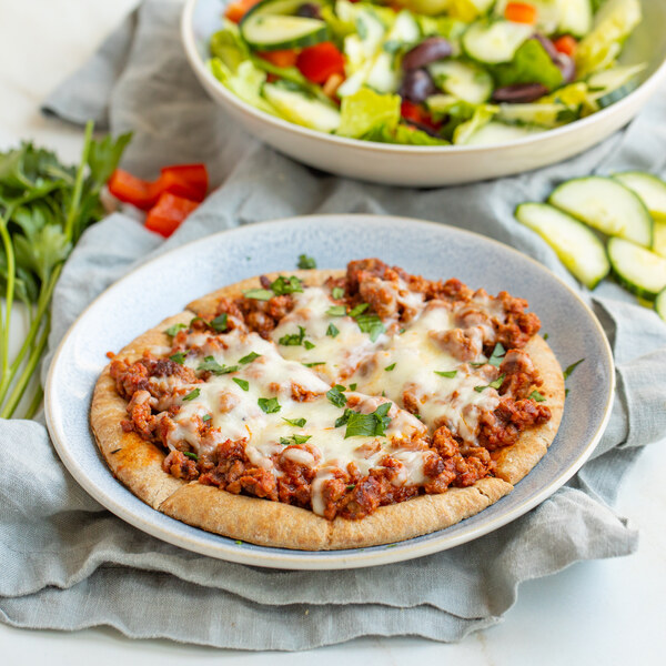 Veggie Ground Pita Pizza with Creamy Oregano & Olive Romaine Salad