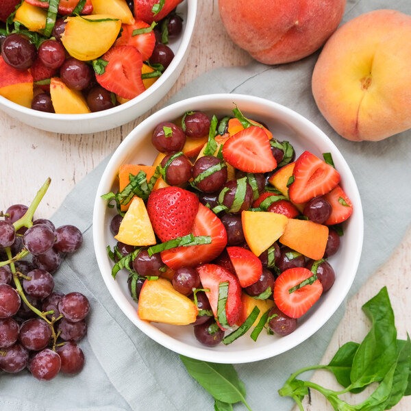 Basil Fruit Salad with Strawberries, Peaches & Grapes