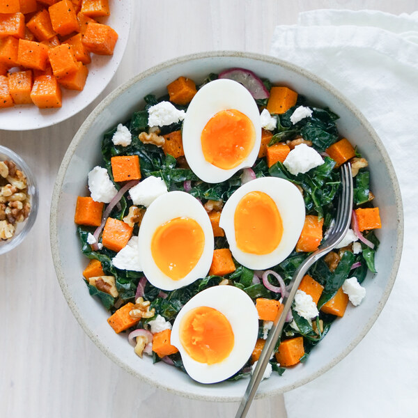 Kale Salad with Soft-Boiled Eggs, Squash, Goat Cheese & Walnuts