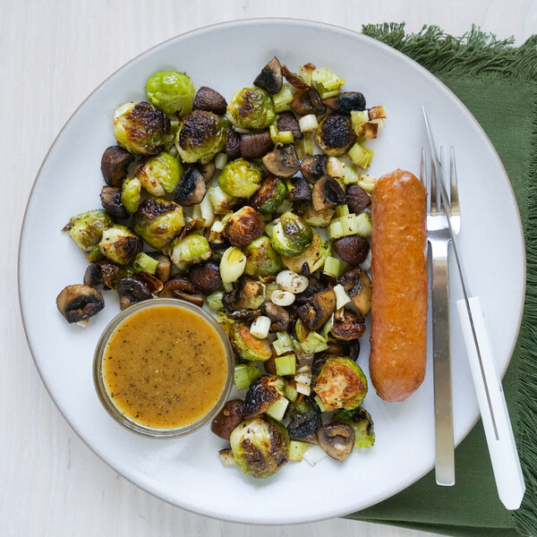 Veggie Sausage, Brussels Sprout & Mushroom Bake with Maple-Dijon Sauce