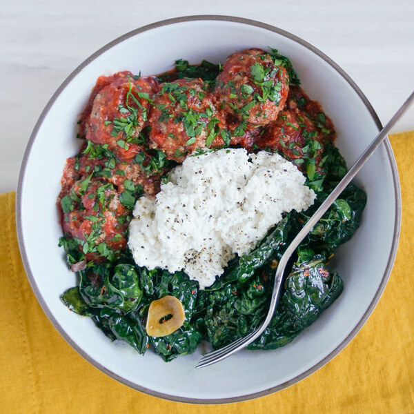 Sun-Dried Tomato Veggie "Meatballs" with Garlicky Kale & Ricotta