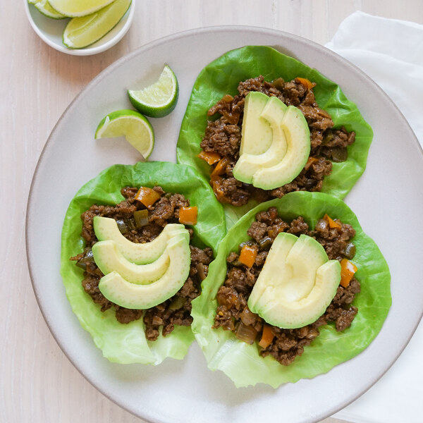 Spicy Taco Veggie Ground Lettuce Wraps with Fajita Veggies & Avocado
