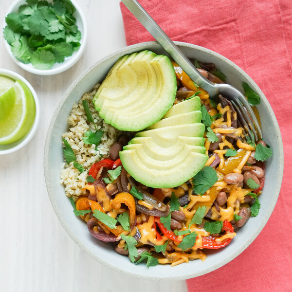 Cheesy Fajita Cauliflower Rice Bowl with Beans, Avocado & Cilantro