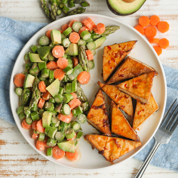 Asian Tofu with Crunchy Carrot, Asparagus, Avocado & Sesame Salad