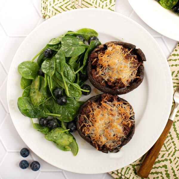 BBQ Veggie Ground Stuffed Portobellos with Cheese & Spinach Salad