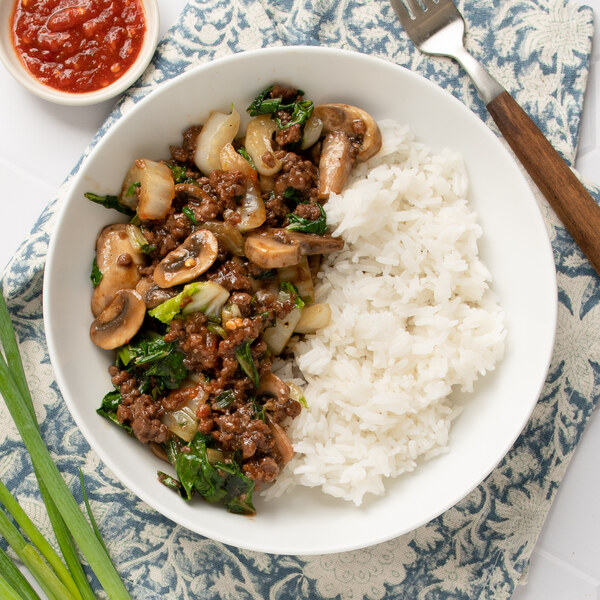 Spicy Veggie Ground, Bok Choy & Mushroom Stir-Fry with Jasmine Rice