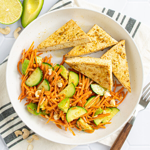 Pan-Fried Thai Green Curry Tofu with Carrot, Avocado & Cashew Salad