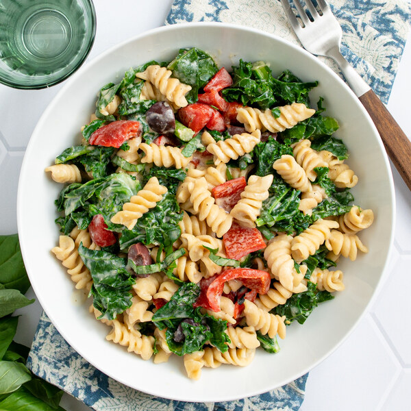  Creamy Hummus Pasta with Kale, Roasted Peppers & Olives 