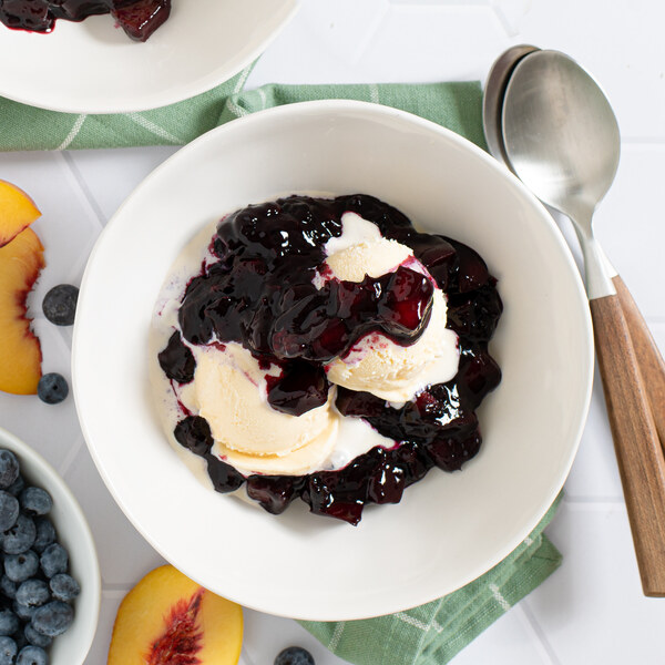 Vegan Ice Cream Sundae with Blueberry-Peach Sauce