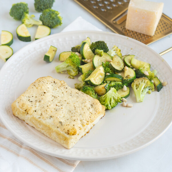 Broiled Parmesan Tofu with Sautéed Broccoli, Zucchini & Pine Nuts