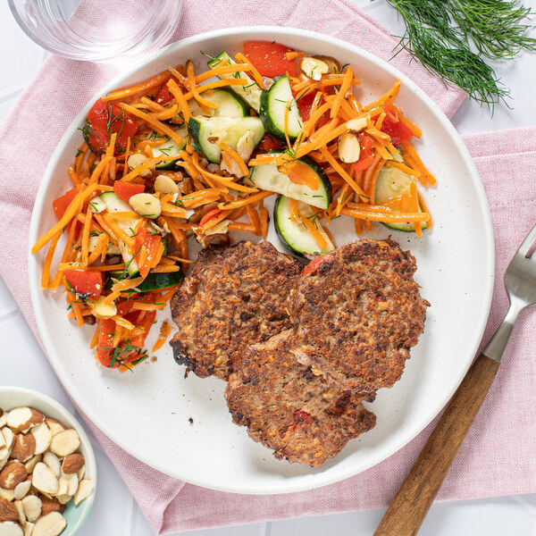 Roast Pepper-Veggie Ground Patties with Carrot, Cucumber & Dill Salad
