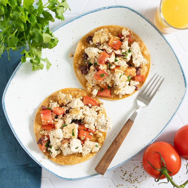 Tofu Scramble Breakfast Tostadas with Tomatoes, Olives & Parsley
