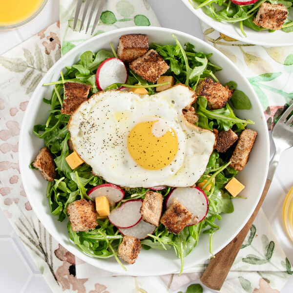 Arugula Breakfast Salad with Fried Egg, Cheddar, Radish & Croutons