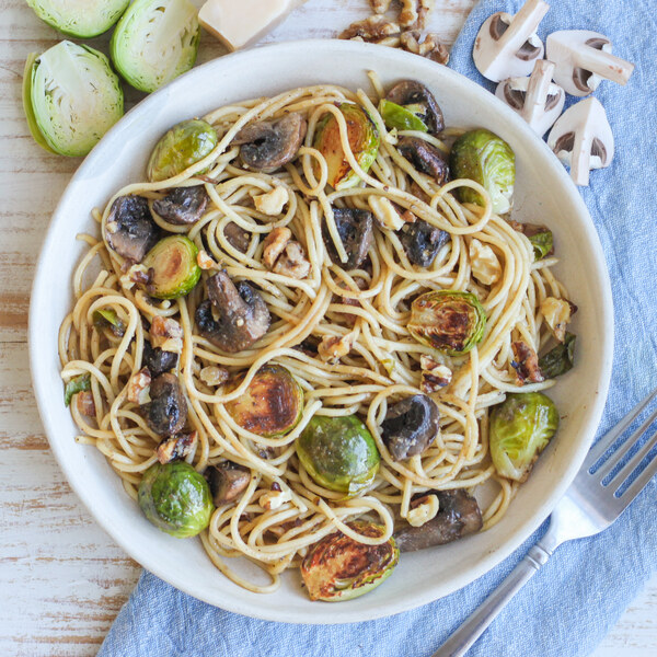 Spaghetti with Roasted Brussels Sprouts, Mushrooms, Walnuts & Parmesan