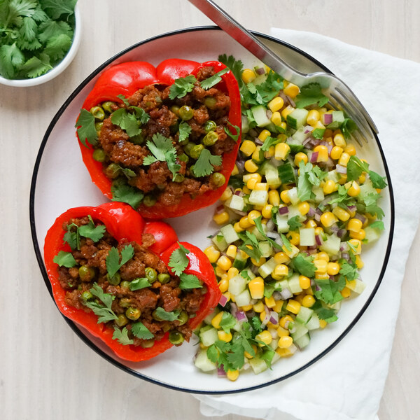 Stuffed Peppers with Spiced Indian Veggie Ground & Cucumber-Corn Salad