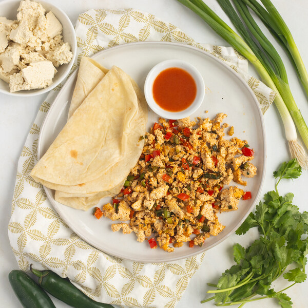 Mexican-Style Tofu Scramble with Bell Pepper, Green Onion & Tortillas