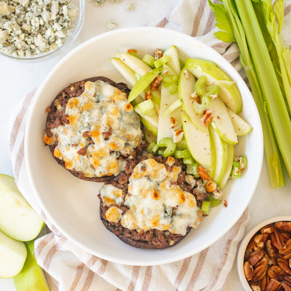 Veggie Ground Stuffed Portobellos with Blue Cheese & Apple-Pecan Salad