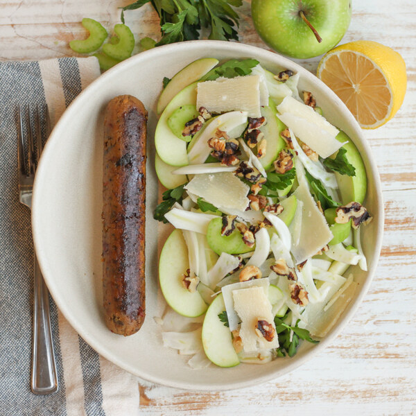 Pan-Fried Veggie Sausage with Fennel, Apple, Walnut & Parmesan Salad