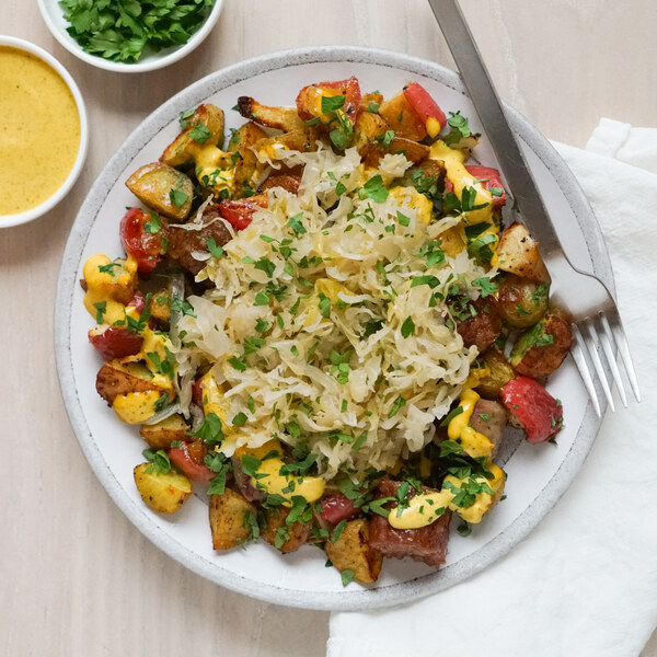 Veggie Sausage Bake with Potato, Apple, Sauerkraut & Curry Mayo