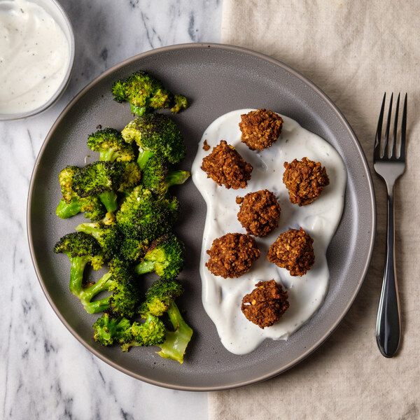 Sheet Pan Veggie "Meatballs" with Yogurt Sauce & Ranch Broccoli