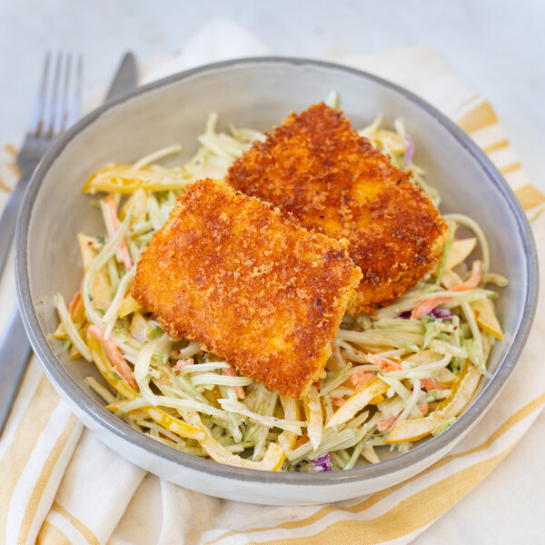 Cheddar-Panko Crusted Tofu with Creamy Bell Pepper & Broccoli Slaw
