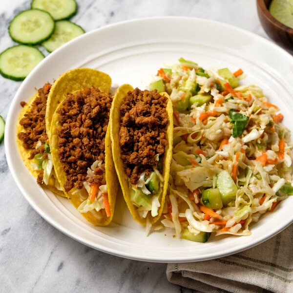 Thai Veggie Ground Tacos with Sesame-Ginger Cucumber & Cabbage Salad