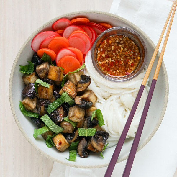 Vietnamese-Style Noodle Bowl with Tofu, Mushrooms & Pickled Veggies