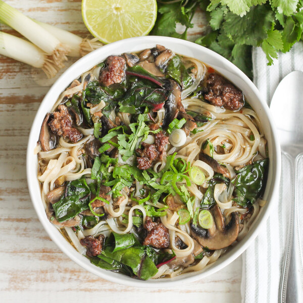 Asian Veggie Ground Noodle Soup with Swiss Chard, Mushrooms & Lime 