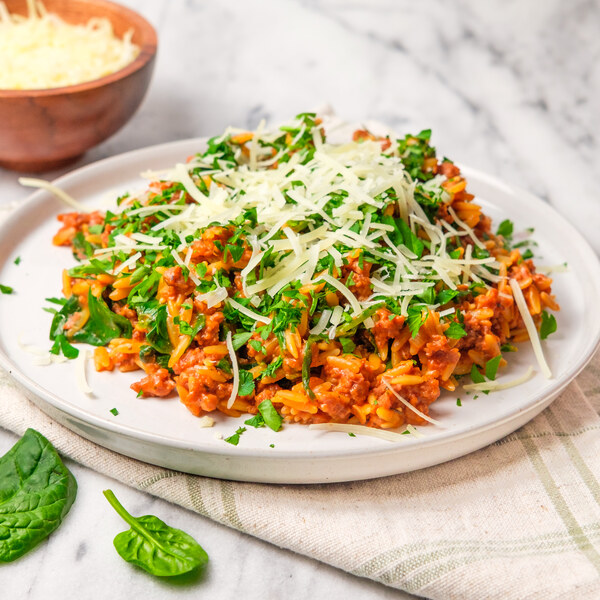 Tomato-Spinach Orzo with Veggie Ground, Parmesan & Parsley