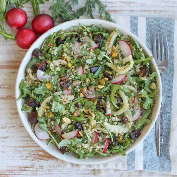 Roasted Fennel-Quinoa Salad with Arugula, Radish, Dates & Pistachios