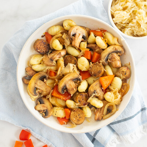 Veggie Sausage-Gnocchi Skillet with Peppers, Mushrooms & Sauerkraut
