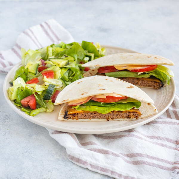 Cheesy Veggie Tortilla Burger with Special Sauce & Side Salad