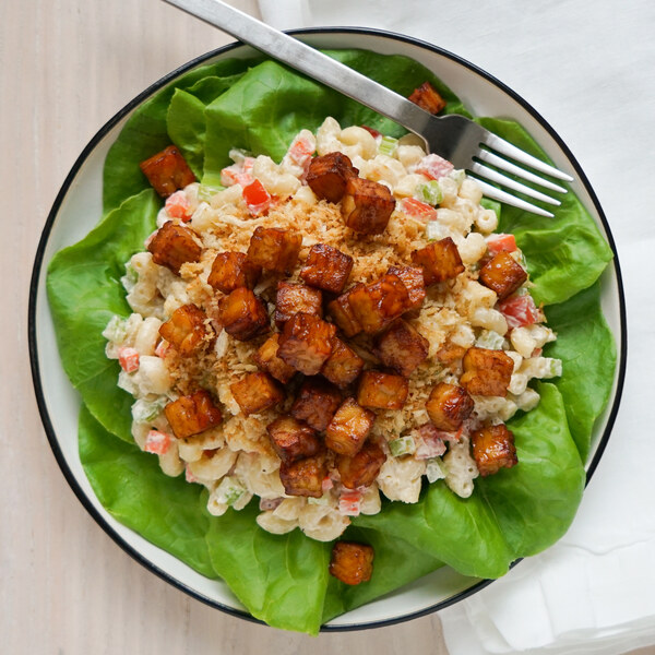 Veggie Macaroni Salad with Smoky Tempeh, Lettuce & Bread Crumbs