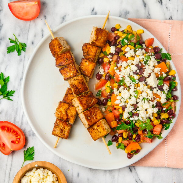 Grilled Lime Tofu with Black Bean, Corn, Pepper, Tomato & Feta Salad