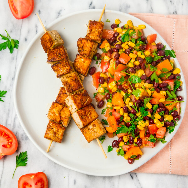 Grilled Lime Tofu Skewers with Black Bean, Corn, Pepper & Tomato Salad