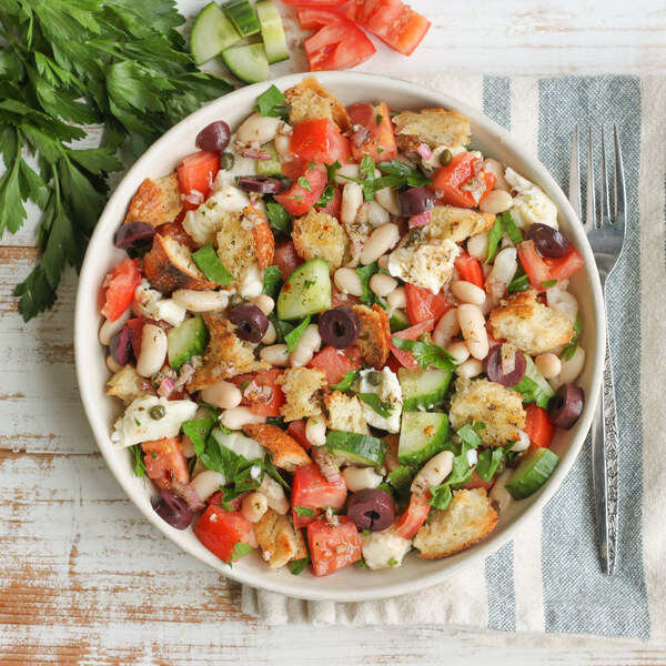 Bread Salad (Panzanella) with Beans, Tomatoes, Mozzarella & Olives