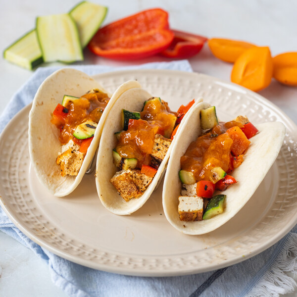 Grilled Tofu, Bell Pepper & Zucchini Tacos with Spicy Apricot Sauce