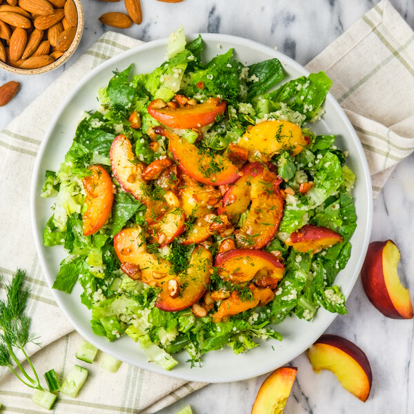 Couscous-Romaine Salad with Warm Peaches, Almonds & Dill